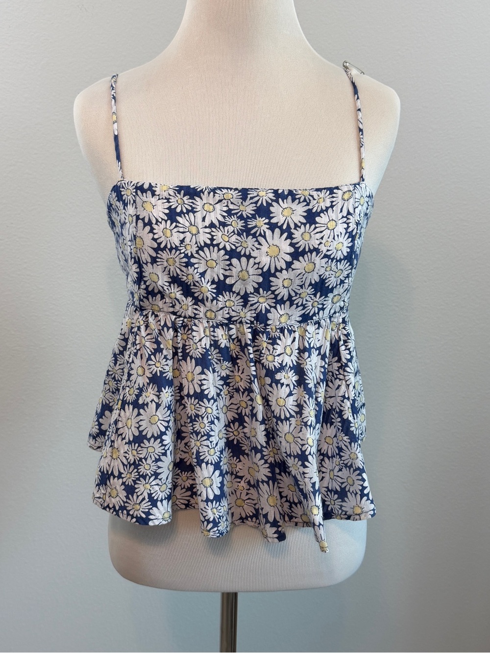 Free People Navy Daisy Print Spaghetti Strap Peplum Top